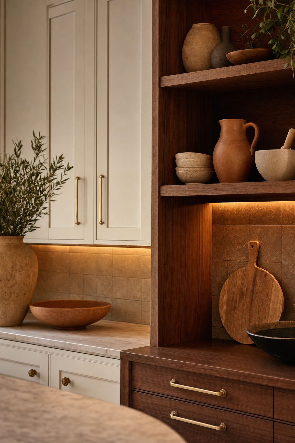 Custom kitchen cabinetry and built-in shelving with brass hardware
